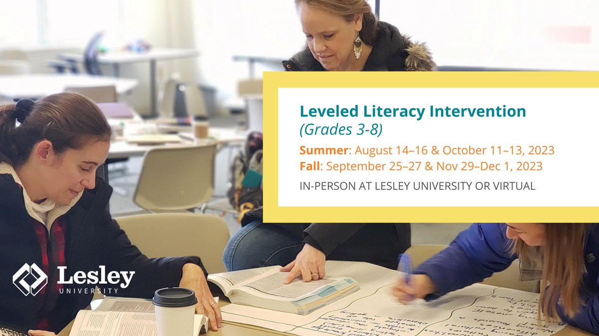 CTRLIT_Teaching's tweet image. Gain an understanding of the #LeveledLiteracyIntervention system in grades 3-8 and how you can use it to improve students’ literacy and learning.

Summer LLI PD: Aug 14–16 &amp;amp; Oct 11–13
Fall LLI PD: Sept 25–27 &amp;amp; Nov 29–Dec 1

REGISTER: CRRLC.LESLEY.EDU/SU23-LLI-3-8

#edutwitter #TEACHers