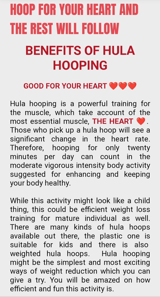 HOOPFITNESS2's tweet photo. Why Are we Hooping for Your Heart...
Because it is LOW IMPACT, FUN... AND VERY GOOD FOR YOUR HEART ❤️❤️❤️❤️❤️❤️❤️
GOD/ HUSBAND/ AND MY HULA HOOP SPARED MY LIFE FROM THAT WIDOW MAKER.

PLEDGE US OR REGISTER TO HULA HOOP IN THE MARATHON.
visit
https://t.co/qbX0lx7MNG https://t.co/jJJIxLO9ex