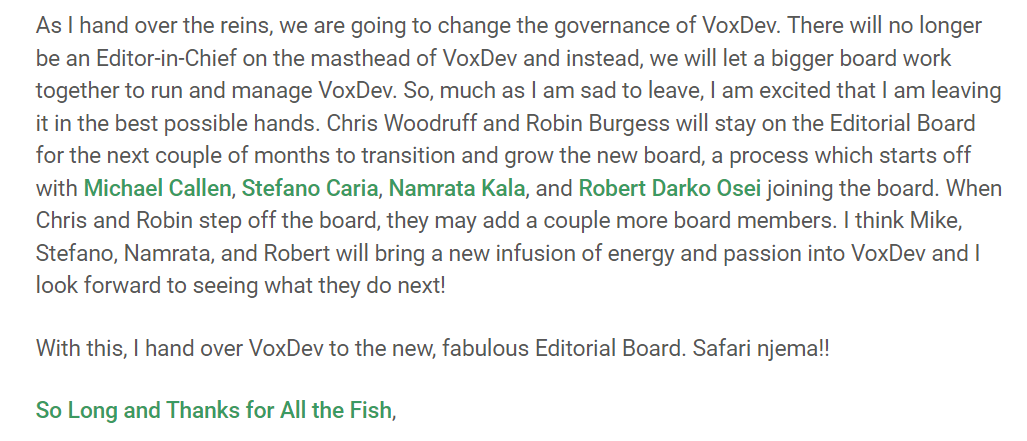 SuriTavneet's tweet photo. As I step down, the governance of @vox_dev will change. Robin & Chris will also step down over the next few months.
And today we welcome 4 new board members:
#MichaelCallen
@caria_stefano
#NamrataKala
@RdoseiOsei
I could not be more excited about the new Board! Welcome!! https://t.co/QQXvECeWGc