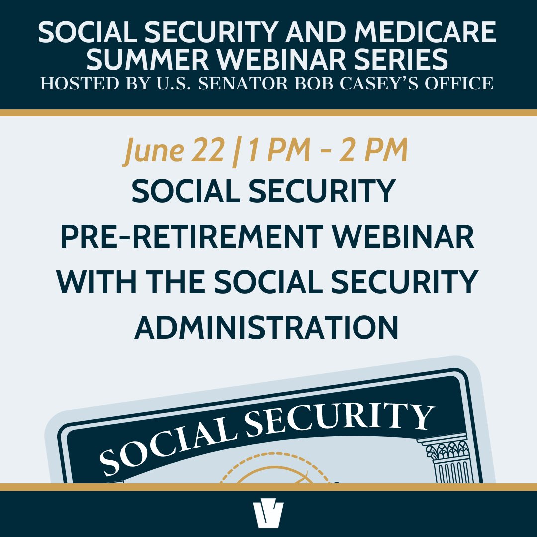 Bob Casey (@senbobcasey) on Twitter photo Join my office next week, on June 22 from 1-3 PM for a webinar with <a href="/SocialSecurity/">Social Security</a> to learn more about the retirement benefits available to Pennsylvanians.
Register here: sen.gov/JM36 Join my office next week, on June 22 from 1-3 PM for a webinar with <a href="/SocialSecurity/">Social Security</a> to learn more about the retirement benefits available to Pennsylvanians.
Register here: sen.gov/JM36