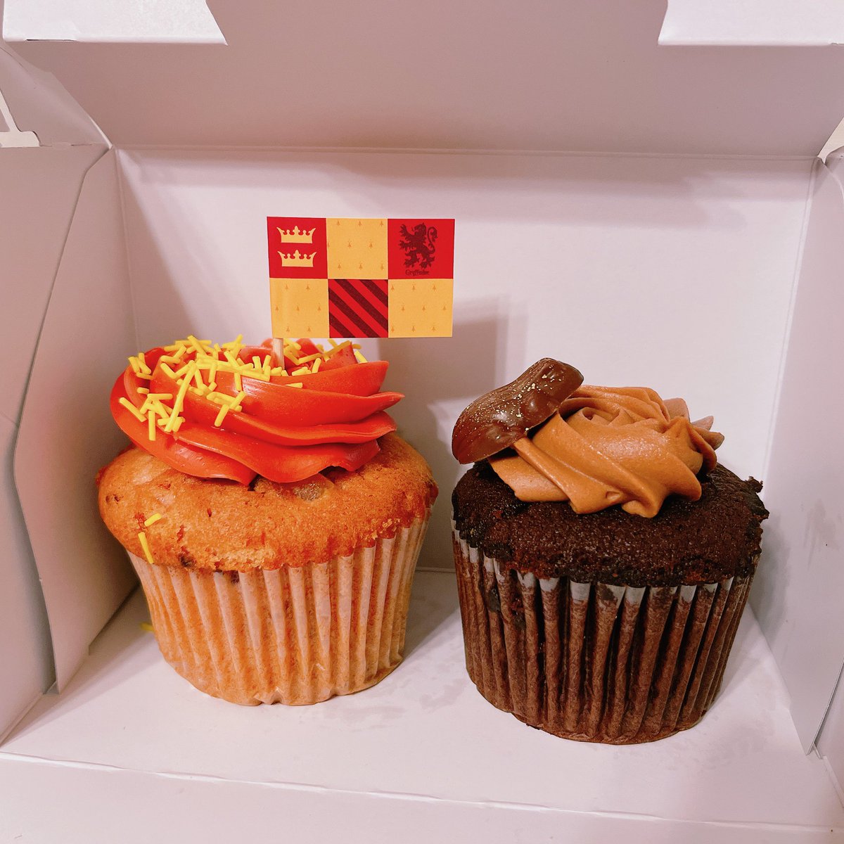 chapo_umr's tweet photo. テイクアウトしたカップケーキは、グリフィンドールとチョコレートフロッグ🧁ちゃんと蛙チョコ付いててかわいい🐸🍫
ハグリッドのバースデーケーキが一番食べたかったけどテイクアウト不可で断念🥺次回こそ…！
#ハリポタツアー #FROGCAFE https://t.co/FGcyC5d0ex