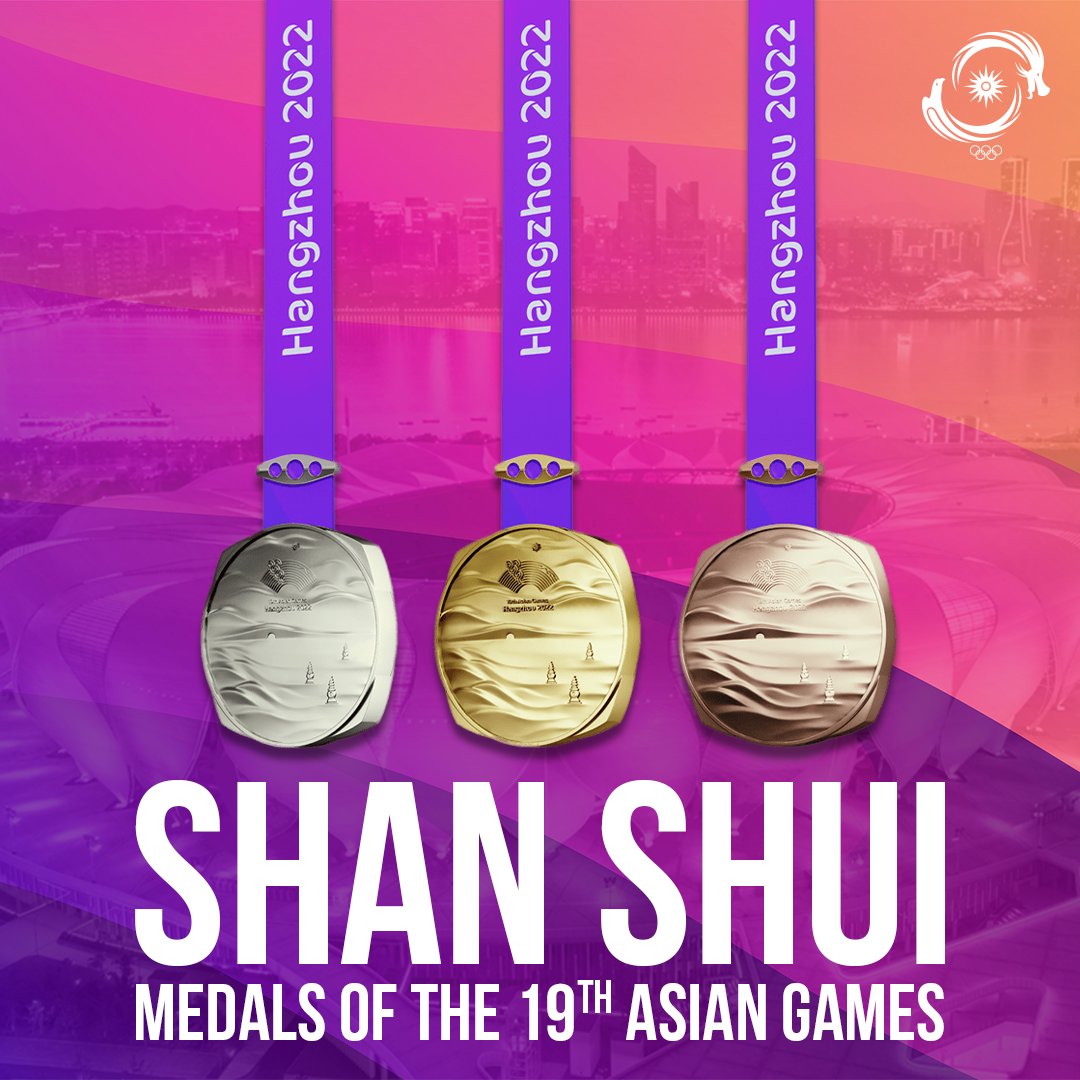 AsianGamesOCA's tweet photo. Unveiling of 'Shan Shui' medals for Hangzhou #AsianGames2022!

Shan Shui symbolizes the spirit of sportsmanship and the pursuit of reaching new heights.

We can’t wait until the #ShanShui medals are presented to the deserving champions on the tri-level podium! 🤩 https://t.co/3cyDuIRkC4