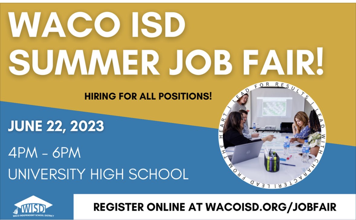 Come join our team! Our summer job fair is for all positions. June 22 from 4-6. <a href="/WACOisdHR/">Waco ISD Human Resources</a> <a href="/WacoISD/">Waco ISD</a>