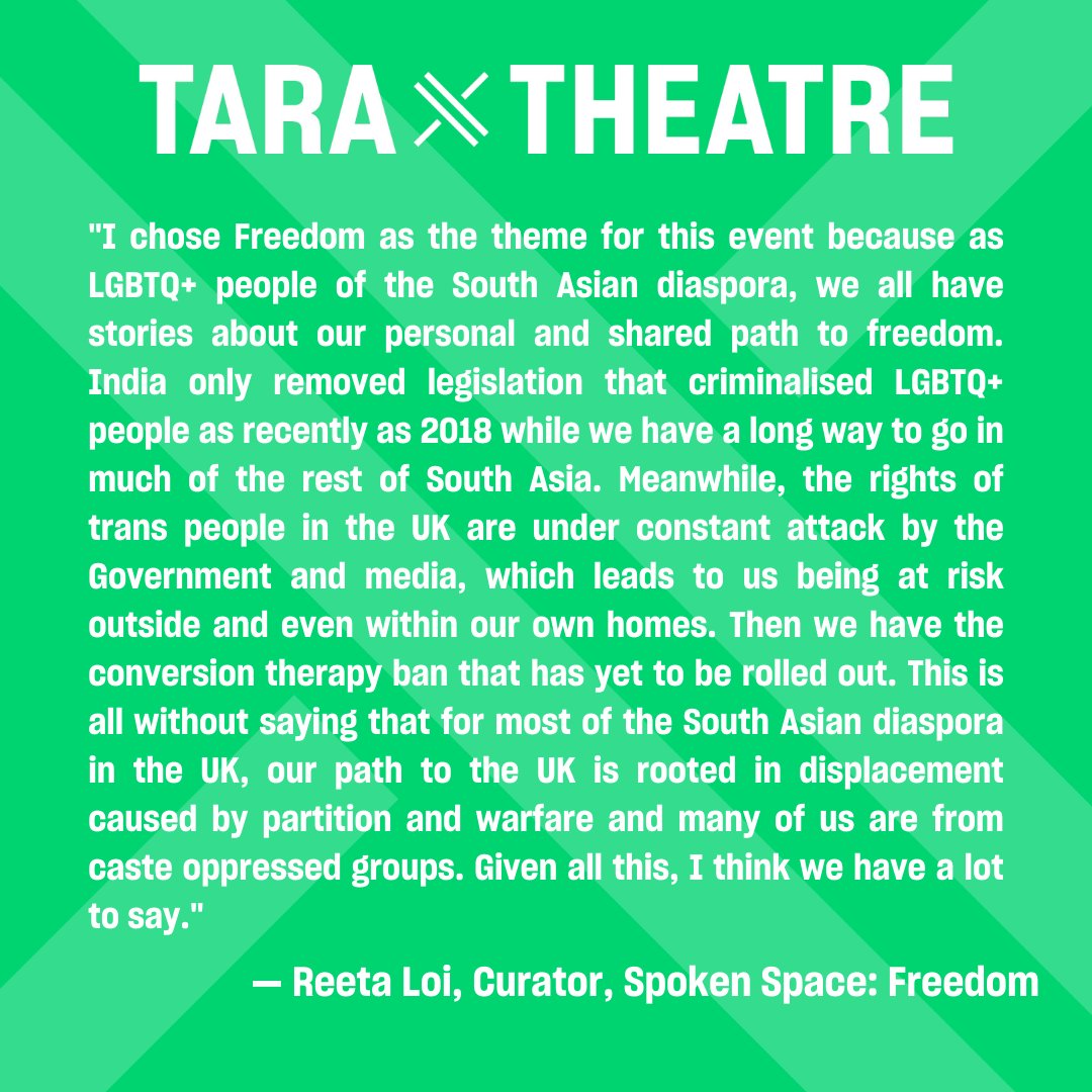 📢 INTERVIEW WITH REETA LOI From platforming South Asian LGBTQIA+ voices to the healing nature of art, check out this exceptional interview with @gaysians_uk CEO @reetaloi, our curator for Spoken Space: Freedom ⬇️ taratheatre.com/news/spoken-sp…