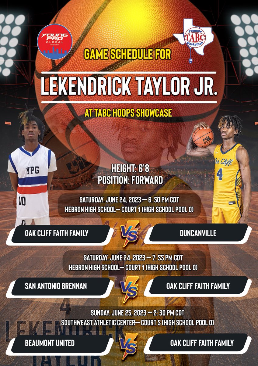 Young Pro Global 6’8 Forward @LekendrickTayl1 schedule for @Tabchoops hoops next weekend with @OakCliff_FFA #YPG @TexasHoopsGASO @GASOBlue @GASOMass @CoachSmithCAA @AlamoCityHoops1 @Laytho_TooLive @CoachDB_Siena