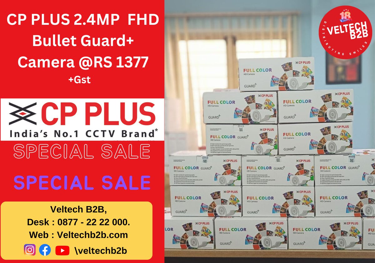 VeltechB2b's tweet image. CP PLUS
🎯2.4MP FHD Bullet GUARD+ Camera @ Rs.1377-⚡ ⚡
💥 +Gst 
2 Years Brand Warranty 
For Business inquiry 
Call : VELTECH B2B 
Desk: 0877-2222000 
Web : Veltechb2b.com

 #cppluscamera #cppluscctv #veltech #veltechb2b