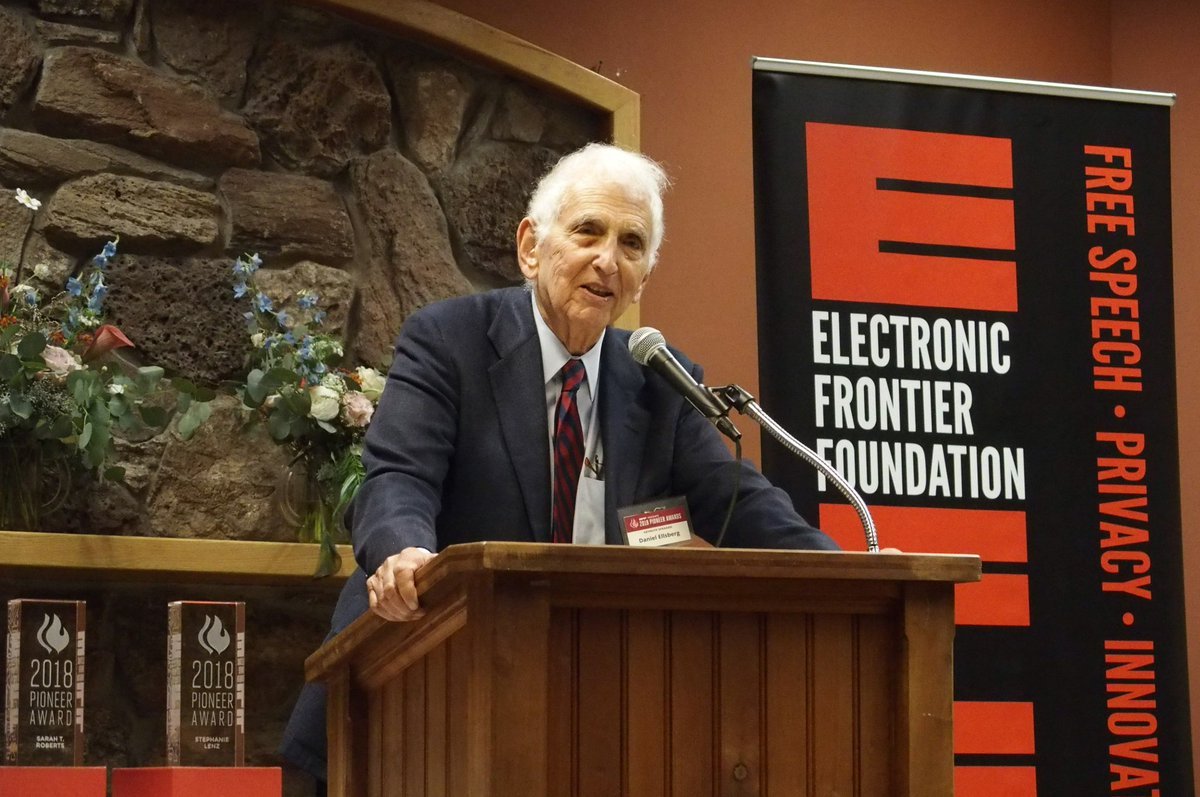 We are sad to hear that Daniel Ellsberg has passed away. His work bringing the Pentagon Papers to light, advocating for government transparency, and co-founding the Freedom of the Press Foundation, has immeasurably improved the world. We are grateful to have known him.