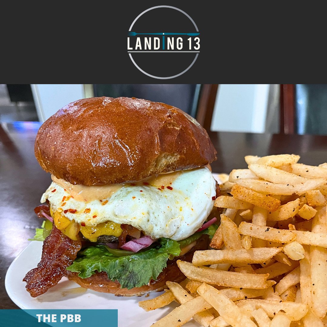 Now only $13.59 on Fridays! The PBB! Single 1/2 lb patty, bacon, lettuce, pickles, red onion, cheddar cheese, an egg, and chipotle garlic mayo! Come on by and try The PBB!

#Landing13
#Porterville
#ThePBB
#Burger
#Hamburger
#Food
#Bacon
#CheddarCheese
#Egg
#Chipotle