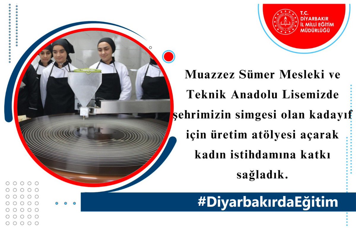 🌟2022-2023 eğitim-öğretim yılında, Muazzez Sümer Mesleki ve Teknik Anadolu Lisemizde şehrimizin simgesi olan kadayıf için üretim atölyesi açarak kadın istihdamına katkı sağladık.

#DiyarbakırdaEğitim📈

<a href="/tcmeb/">Millî Eğitim Bakanlığı</a>
<a href="/Yusuf__Tekin/">Yusuf Tekin</a>
<a href="/aliihsansu_/">Ali İhsan Su</a>
<a href="/Murat4Kucukali/">Murat Küçükali</a>