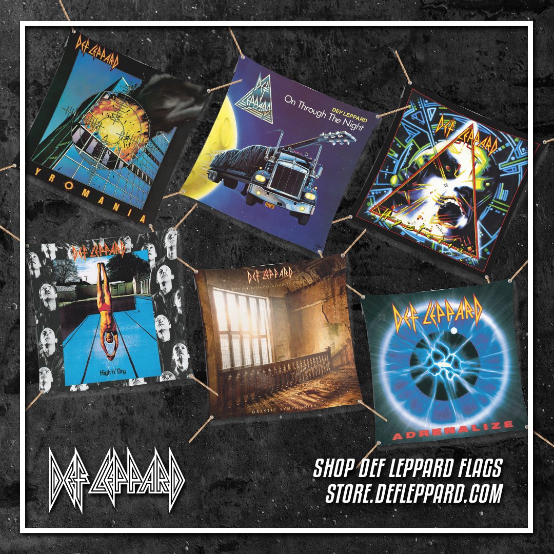 DefLeppard's tweet photo. New in the Def Leppard store - wall flags are here! Shop album cover flags in the store today! https://t.co/omXzCjlhLV https://t.co/A8yHogdYHq