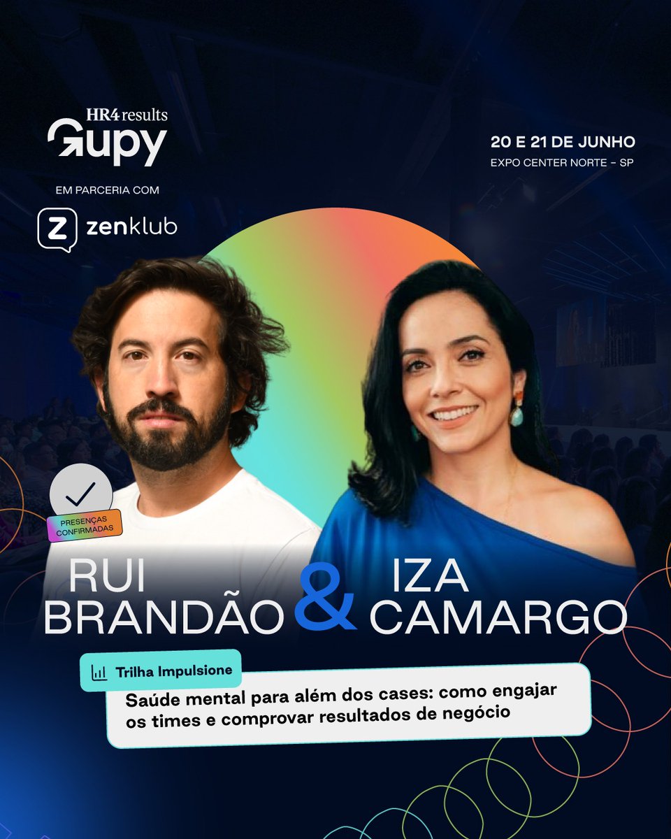 O maior especialista em saúde emocional estará presente na trilha de conteúdo do maior evento para RH da América Latina!

Iza Camargo e Rui Brandão no dia 21, às 15:50, na sala Impulsione do evento Gupy HR4results.

Garanta agora o seu ingresso bit.ly/43zuAEV
