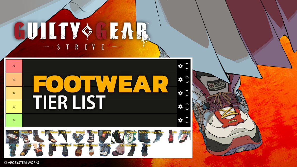 Whenever a new #GuiltyGearStrive daredevil is announced a hot topic of discussion are their kicks.👟 Now rank all the characters' footwear and share your tier list with us! 📊

tiermaker.com/create/rate-th…