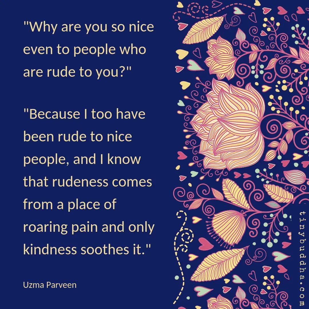 tinybuddha's tweet photo. "Why are you so nice even to people who are rude to you?" 

"Because I too have been rude to nice people and I know that rudeness comes from a place of roaring pain, and only kindness soothes it." ~Uzma Parveen https://t.co/1RAb6phUpU