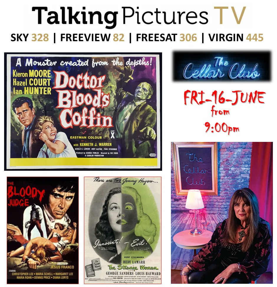 Be brave and join scream queen #CarolineMunro in THE CELLAR CLUB at 9pm with #KieronMoore #HazelCourt in DR BLOOD'S COFFIN (1961), #ChristopherLee is THE BLOODY JUDGE (1970) and #HedyLamarr #GeorgeSanders in STRANGE WOMAN (1946) #TPTVsubtitles