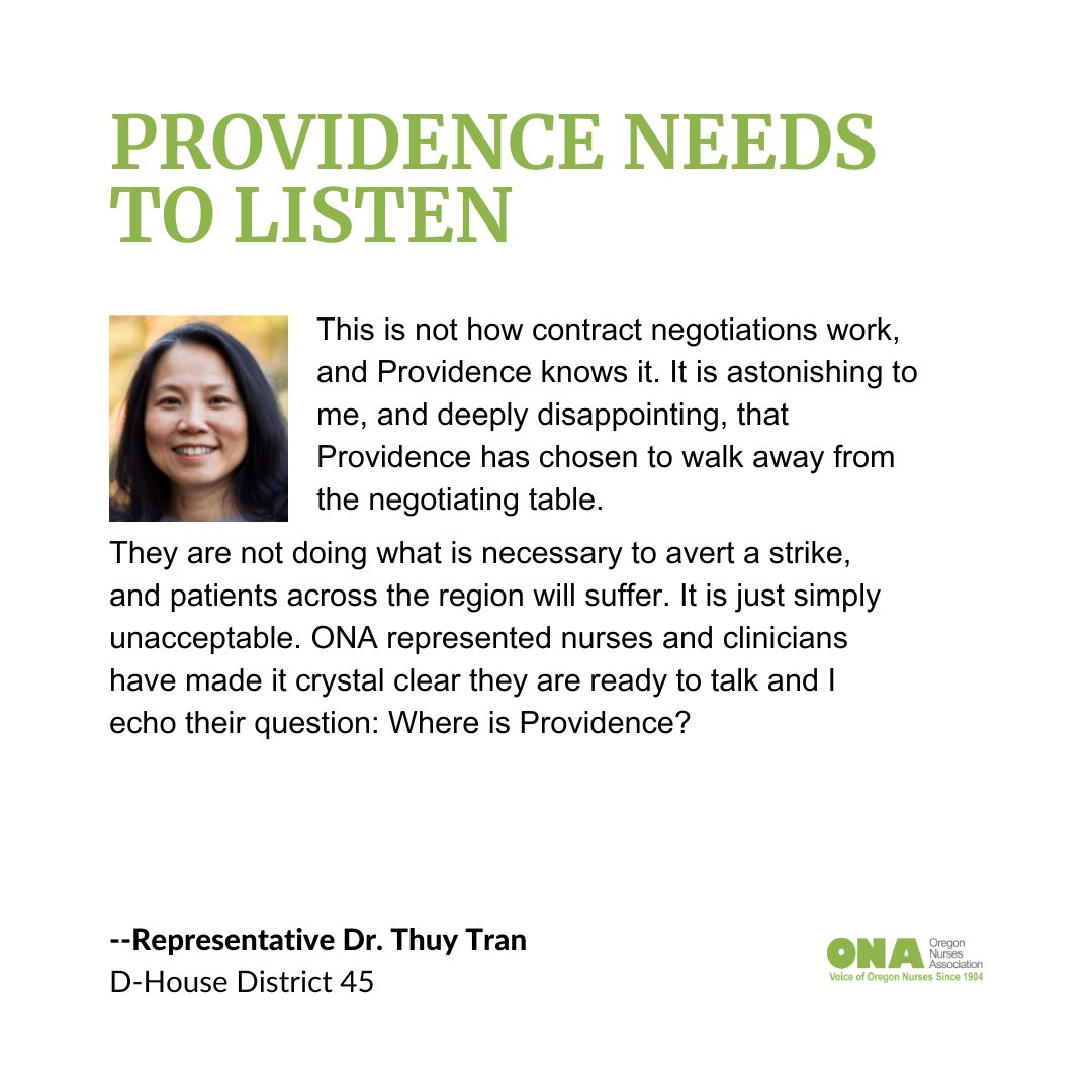 Oregon Nurses Association (@oregonnurses) on Twitter photo Support is rolling in from <a href="/RepThuyTran/">Representative Thuy Tran</a>, <a href="/RobNosse/">Rob Nosse</a> and <a href="/DebPattersonOR/">Deb Patterson</a> for Providence to return to the negotiation table. Support Providence nurses and clinicians in their fight for a fair contract! Get involved at RespectOurNurses.com
#ProvStrike #RecruitRetainRespect Support is rolling in from <a href="/RepThuyTran/">Representative Thuy Tran</a>, <a href="/RobNosse/">Rob Nosse</a> and <a href="/DebPattersonOR/">Deb Patterson</a> for Providence to return to the negotiation table. Support Providence nurses and clinicians in their fight for a fair contract! Get involved at RespectOurNurses.com
#ProvStrike #RecruitRetainRespect