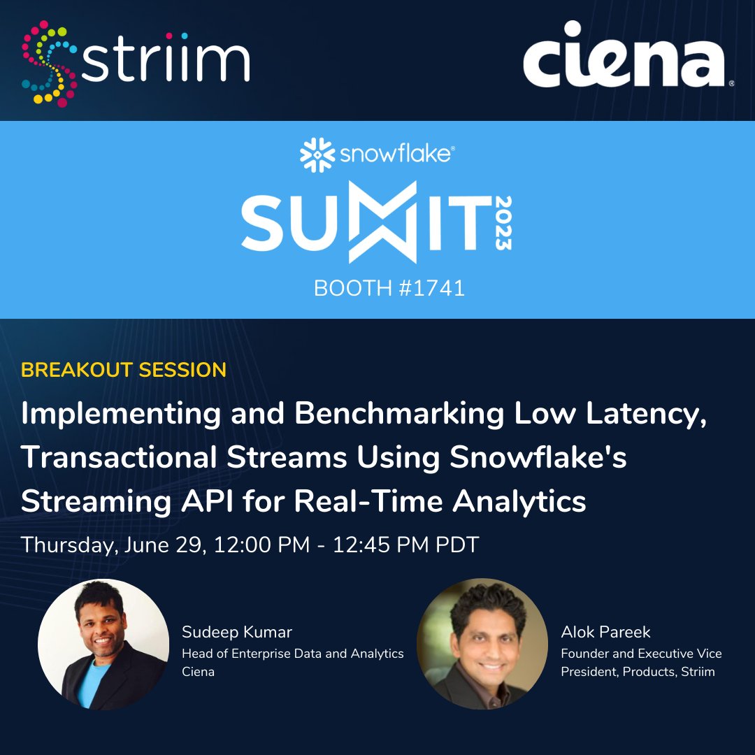Our Co-Founder and EVP of Products @AlokPareek will present alongside @SudeepKumar of <a href="/Ciena/">Ciena</a> at the Vegas Snowflake Summit.  The session will highlight benchmarking real-time data streaming from Oracle to Snowflake, using Snowflake's Streaming API on 6/29
hubs.la/Q01TKBND0