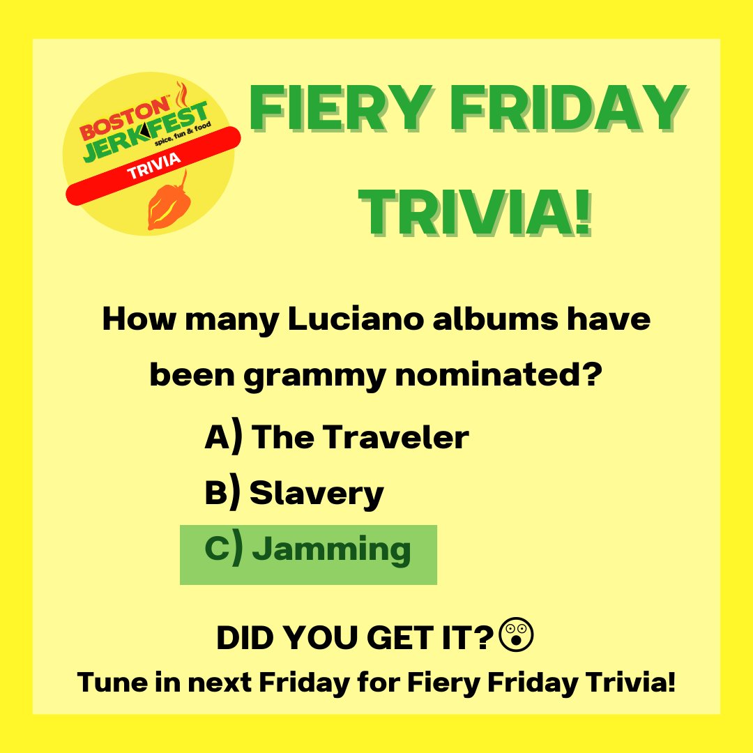 TUNE IN EVERY FRIDAY FOR FUN TRIVIA!
Let us know your pick for our new Fiery Friday Trivia posts! There might be a prize for the winner with the most correct guesses! 😉 
Grab your tickets! #bostonjerkfest #jerkfest2023 #caribbeanfoodie #bestfoodfestival #bostonbestfoodfestival