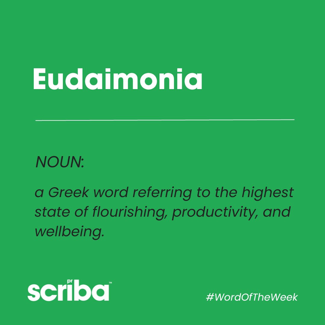 Word of the Week: Eudaimonia. In spirit of tomorrow's #WorldProductivityDay observance, we're keen to know learn more of our network's top tips and tricks on the topic. Drop your ideas as a reply, below. 💡⬇️ #WordOfTheWeek #Productivity