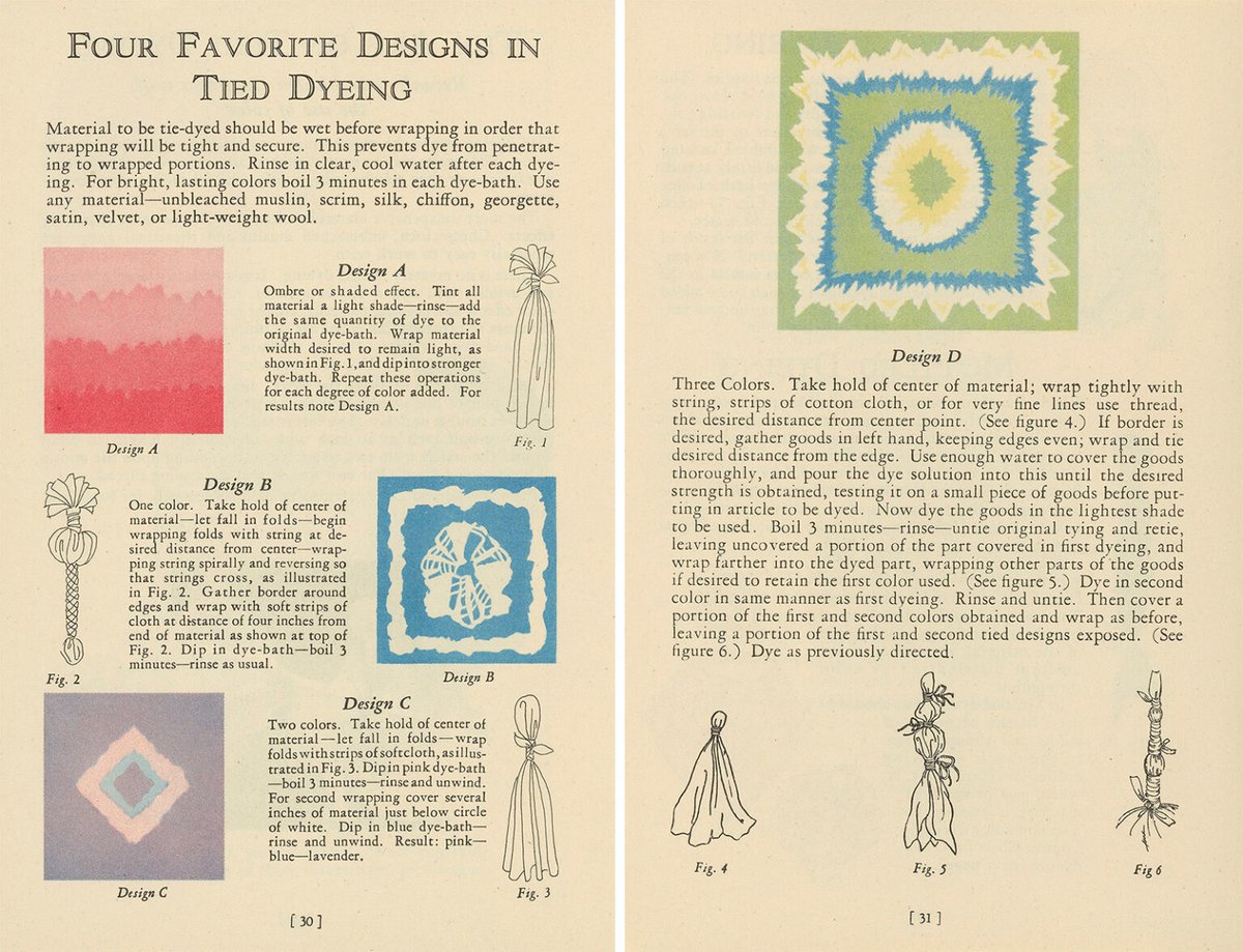 A 1928 informational booklet, The Charm of Color, showcases things a crafty home dyer could do with direct dyes. Alongside instructions on bleaching, cleaning and dyeing silks, wools, rayons, and other common fabrics, titled “The Art of Tied Dyeing.”

 hubs.li/Q01SRMXS0