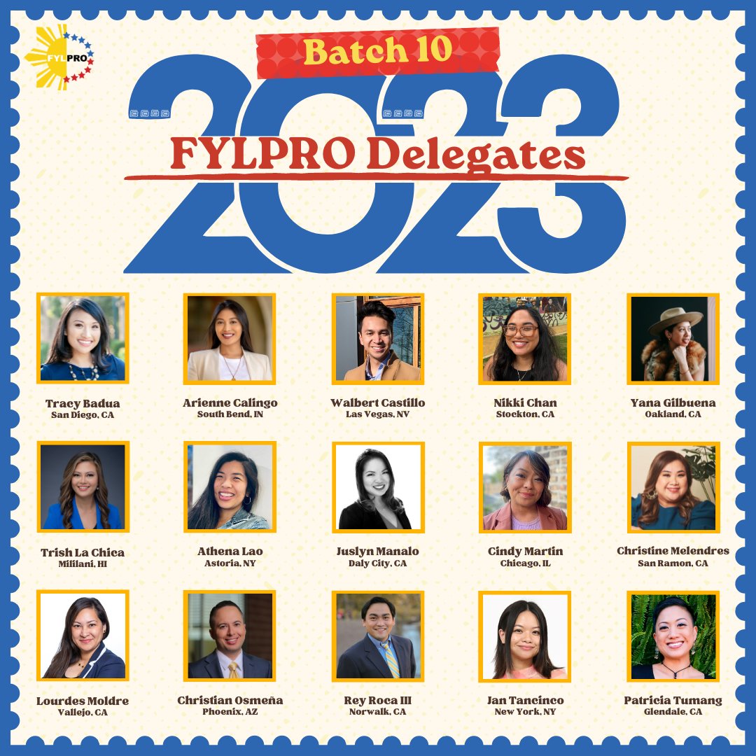 #ImmersionProgram: The Filipino Young Leaders Program (FYLPRO), a joint initiative of the Philippine Embassy, Consulates General in the United States <a href="/philippinesusa/">Philippine Embassy in the USA</a>, and the <a href="/ayalafoundation/">Ayala Foundation</a> (AFI), is pleased to announce the 2023 FYLPRO Delegates.
fylpro.org/filipino-young…