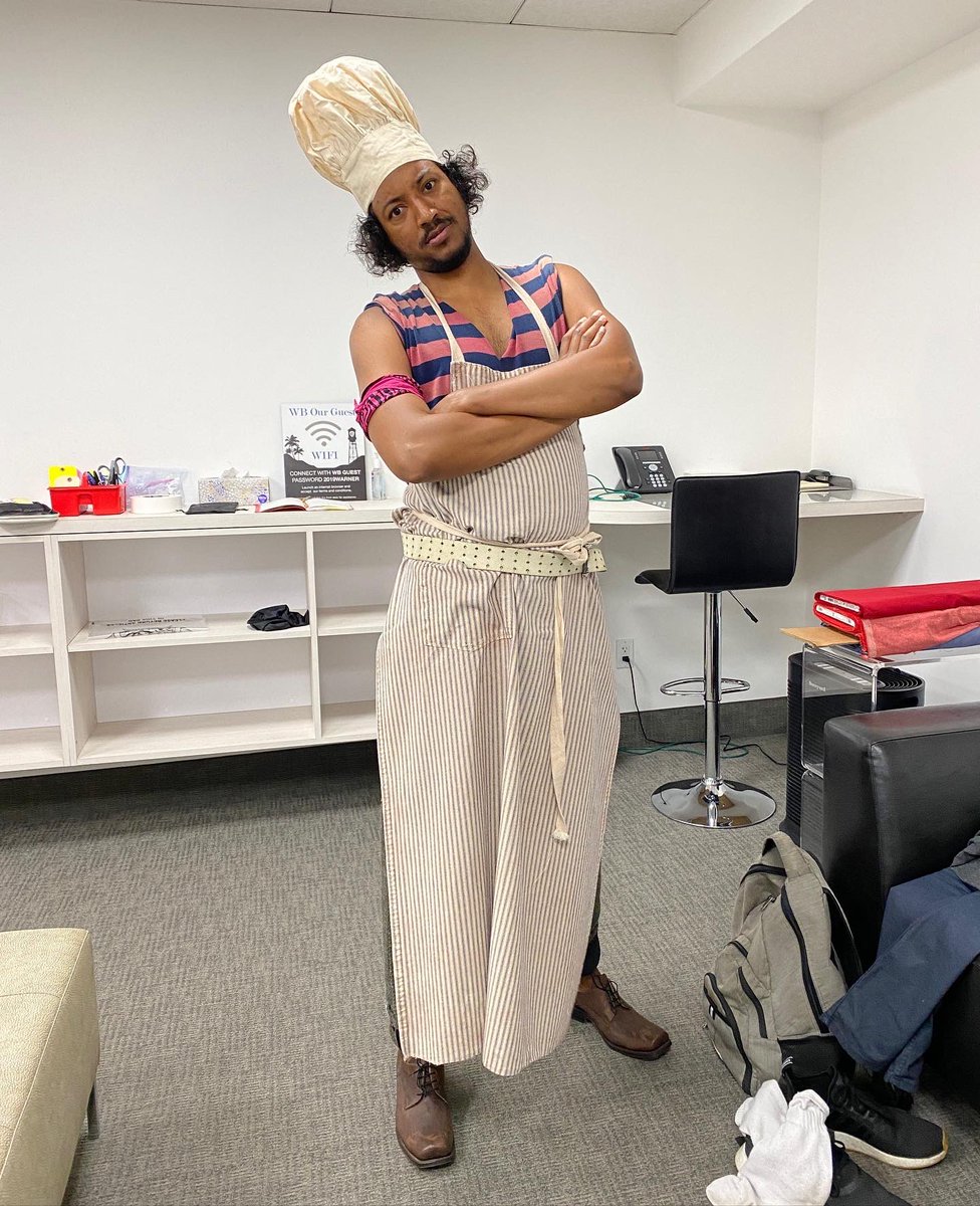 sambaschutte's tweet image. 1st costume fitting for Roach, til we incorporated his Sahara heritage. With Christine Wada we added the sash &amp;amp; talisman necklace. With Nancy Hennah we added the Amazigh tattoos, roach legs beard &amp;amp; lots of dirt- because pirate cooks are never clean. Love open collabs!🖤🏴‍☠️ #ofmd