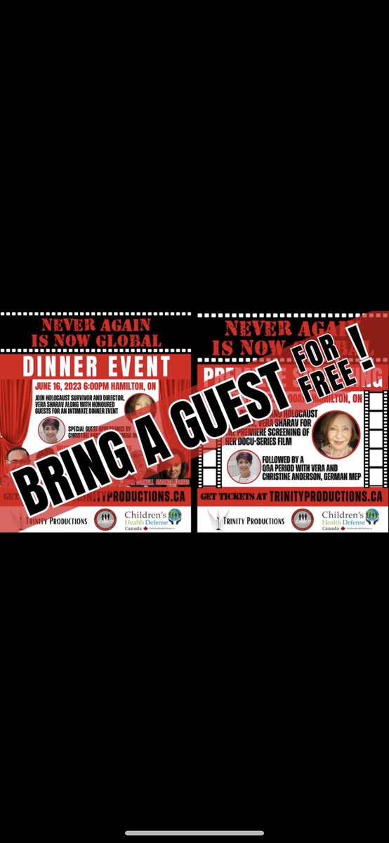 Dinner Event Today in Hamilton, Ontario 

MEP Christine Anderson and Holocaust survivor Vera Sharav 

6:00pm 

This will be a great night!!

@AndersonAfDMdEP @VeraSharav 

Get tickets at trinityproductions.ca

See you all there patriots 🇨🇦❤️