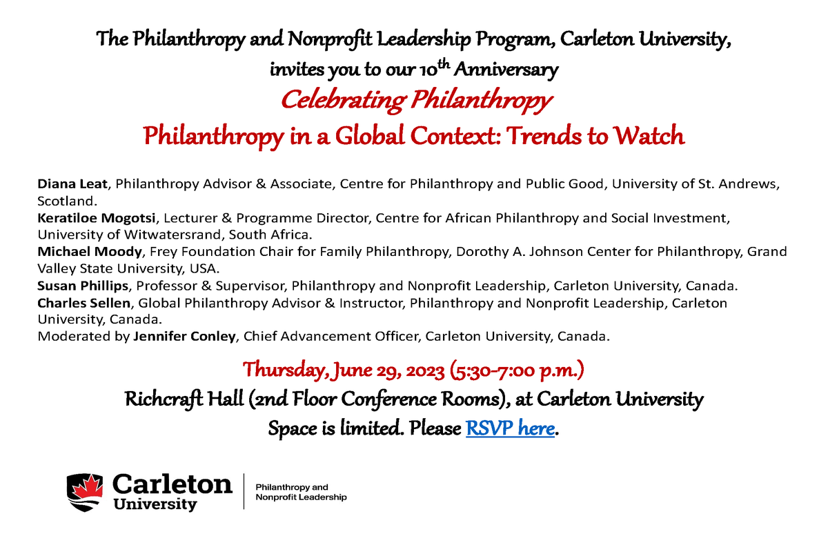 Susan D. Phillips (@susandphillips) on Twitter photo Help us celebrate 10 years of the <a href="/MPNLCarleton/">MPNL Carleton</a> on June 29th with a panel of international experts addressing international trends in #philanthropy. Register at carleton.ca/mpnl/2023/mpnl… Help us celebrate 10 years of the <a href="/MPNLCarleton/">MPNL Carleton</a> on June 29th with a panel of international experts addressing international trends in #philanthropy. Register at carleton.ca/mpnl/2023/mpnl…