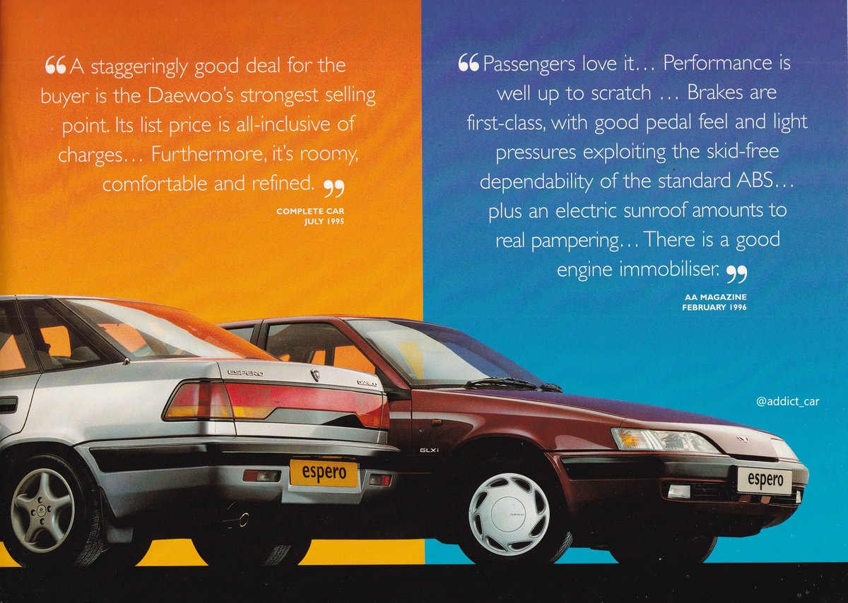 The larger of two Daewoos  spearheading the company's mid-90s export push, the Espero had the benefit of a unique body (by Bertone) which successfully disguised its old GM underpinnings. This 1996 UK brochure relied on carefully-selected road test quotes. #carbrochure #Daewoo
