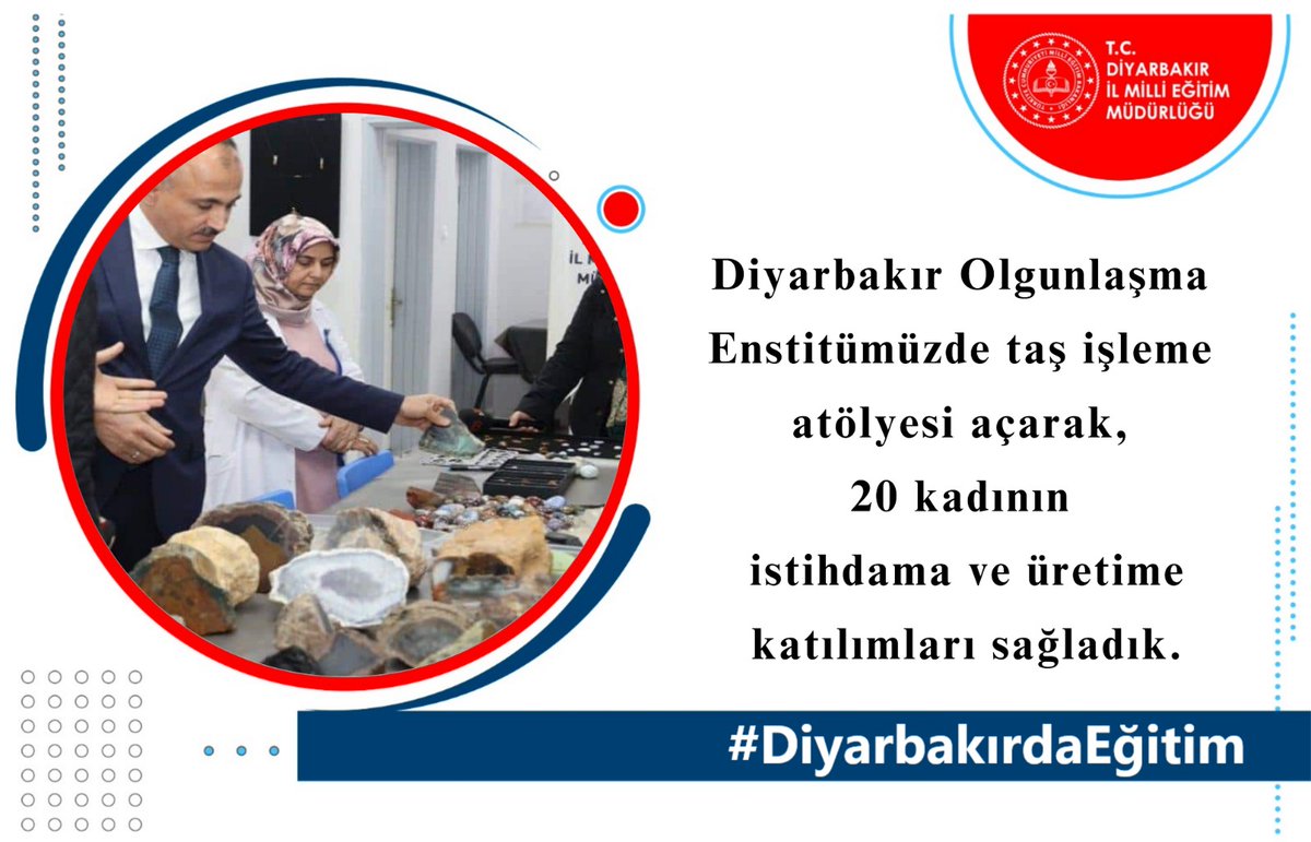 🌟2022-2023 eğitim-öğretim yılında, Diyarbakır Olgunlaşma  Enstitümüzde taş işleme  atölyesi açarak,  20 kadının istihdama ve üretime katılımları sağladık.

#DiyarbakırdaEğitim📈

<a href="/tcmeb/">Millî Eğitim Bakanlığı</a>
<a href="/Yusuf__Tekin/">Yusuf Tekin</a>
<a href="/aliihsansu_/">Ali İhsan Su</a>
<a href="/Murat4Kucukali/">Murat Küçükali</a>
<a href="/ibrahim_uck/">İBRAHİM ÜÇKÖYLÜOĞLU🇹🇷</a>