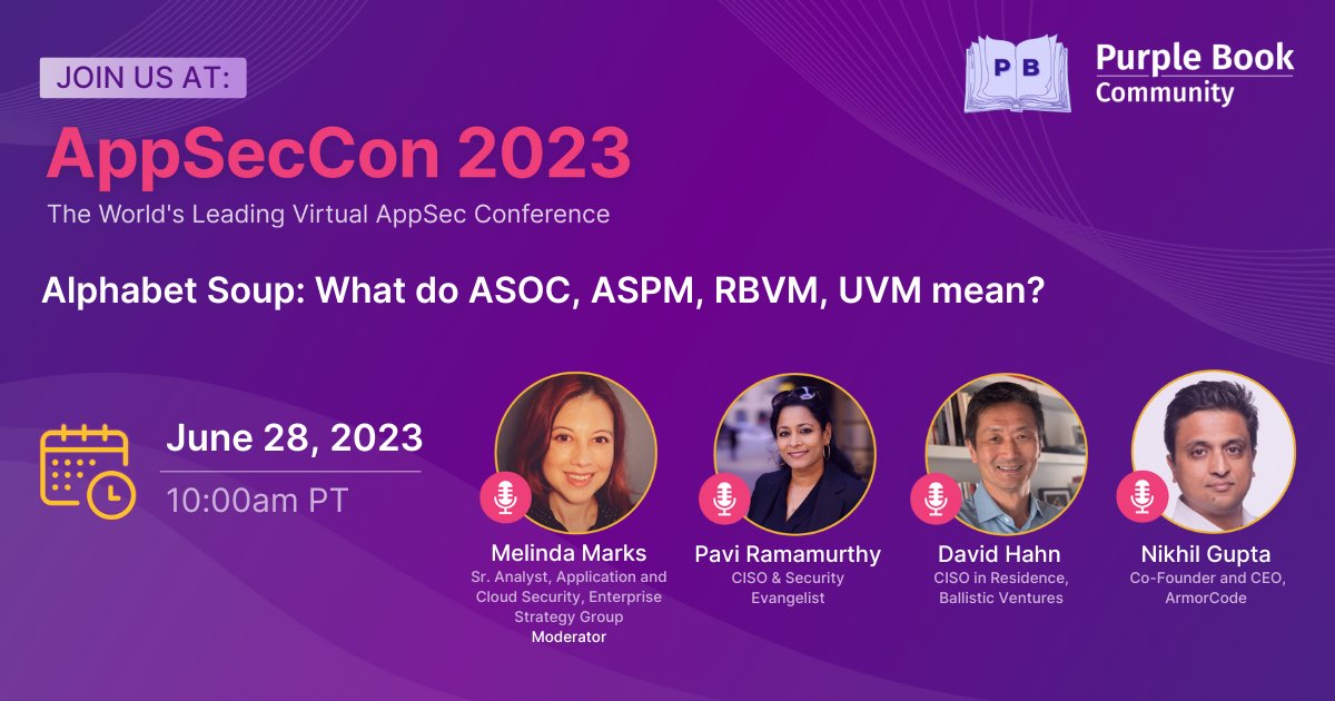 @melindamarks @nikhilgupta2453 @pavi_ramamurthy  and David Hahn are at #AppSecCon 2023 to unscramble the big acronyms in software security. Register for free and don't miss it! hubs.la/Q01Rh7Sc0

#PurpleBook #JourneyToAppSecMaturity #ASOC #ASPM #UVM