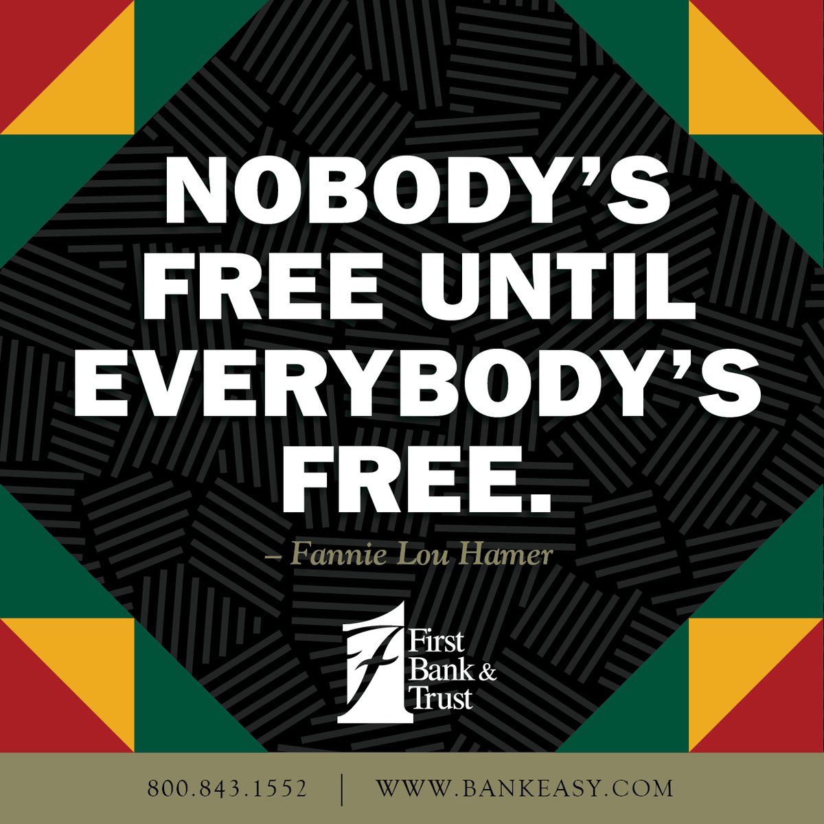 In observance of Juneteenth, most of our bank locations will be closed or have alternate hours on Monday, June 19th.

Please visit bankeasy.com/holidays for full details on your specific bank location hours.

{FB&amp;T|MemberFDIC}