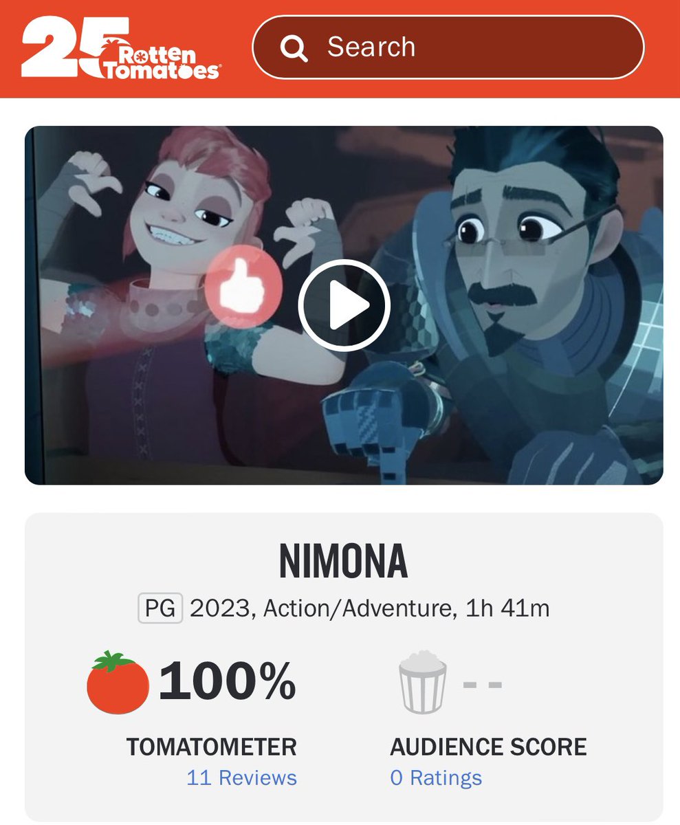 #Nimona has a 100% rating on Rotten Tomatoes based on 11 reviews so far!!!! LET’S GO!!! 🙌🙌🙌🙌

@Gingerhazing #NickBruno #TroyQuane @ChloeGMoretz @rizwanahmed @EugeneLeeYang #FrancesConroy @LPToussaint @becbenit @RuPaul #IndyaMoore #JulioTorres @SarahSquirm