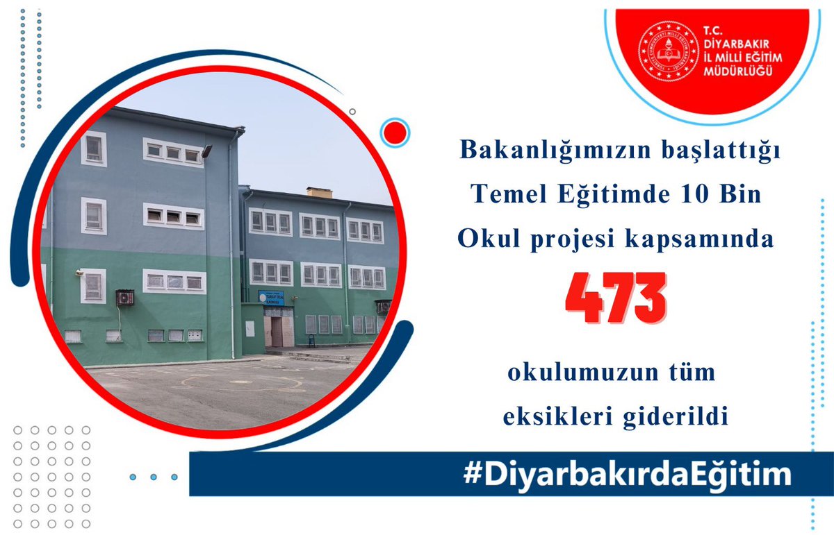 🌟2022-2023 eğitim-öğretim yılında, Bakanlığımızın başlattığı Temel Eğitimde 10 Bin Okul projesi kapsamında 4⃣7⃣3⃣  okulumuzun tüm  eksikleri giderildi

#DiyarbakırdaEğitim📈

<a href="/tcmeb/">Millî Eğitim Bakanlığı</a>
<a href="/Yusuf__Tekin/">Yusuf Tekin</a>
<a href="/aliihsansu_/">Ali İhsan Su</a>
<a href="/Murat4Kucukali/">Murat Küçükali</a>