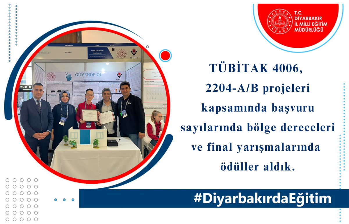 🌟2022-2023 eğitim-öğretim yılında, TÜBİTAK 4006,
2204-A/B projeleri kapsamında başvuru sayılarında bölge dereceleri ve final yarışmalarında
ödüller aldık.
#DiyarbakırdaEğitim📈

<a href="/tcmeb/">Millî Eğitim Bakanlığı</a>
<a href="/Yusuf__Tekin/">Yusuf Tekin</a>
<a href="/aliihsansu_/">Ali İhsan Su</a>
<a href="/Murat4Kucukali/">Murat Küçükali</a>
