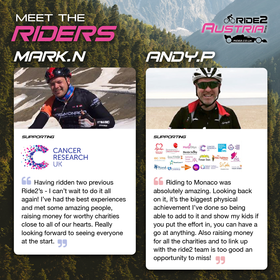 Meet the #riders taking on #ride2austria!

@marktin88 Supporting @CR_UK 

Andy P Supporting all the Charities

Donate to Mark & Andy at ride2.co.uk/donate 😊

🚴🏼‍♀️🏎🇬🇧🇦🇹

#cycling #cycle #cyclelife #stravacycling #f1 #formula1 #formulaone #redbullracing #redbullring