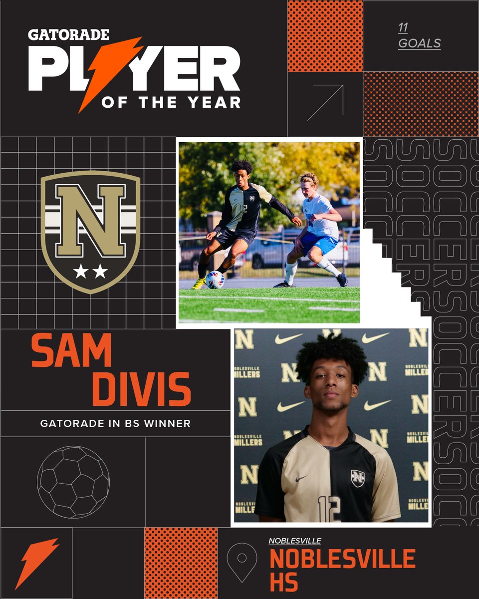 Congratulations to Miller Soccer’s Sam Divis on being named the @Gatorade Indiana Boys Soccer Player of the Year! Divis is Noblesville’s sixth #GatoradePOY and the second for @MillerBSoccer! #MillerPride