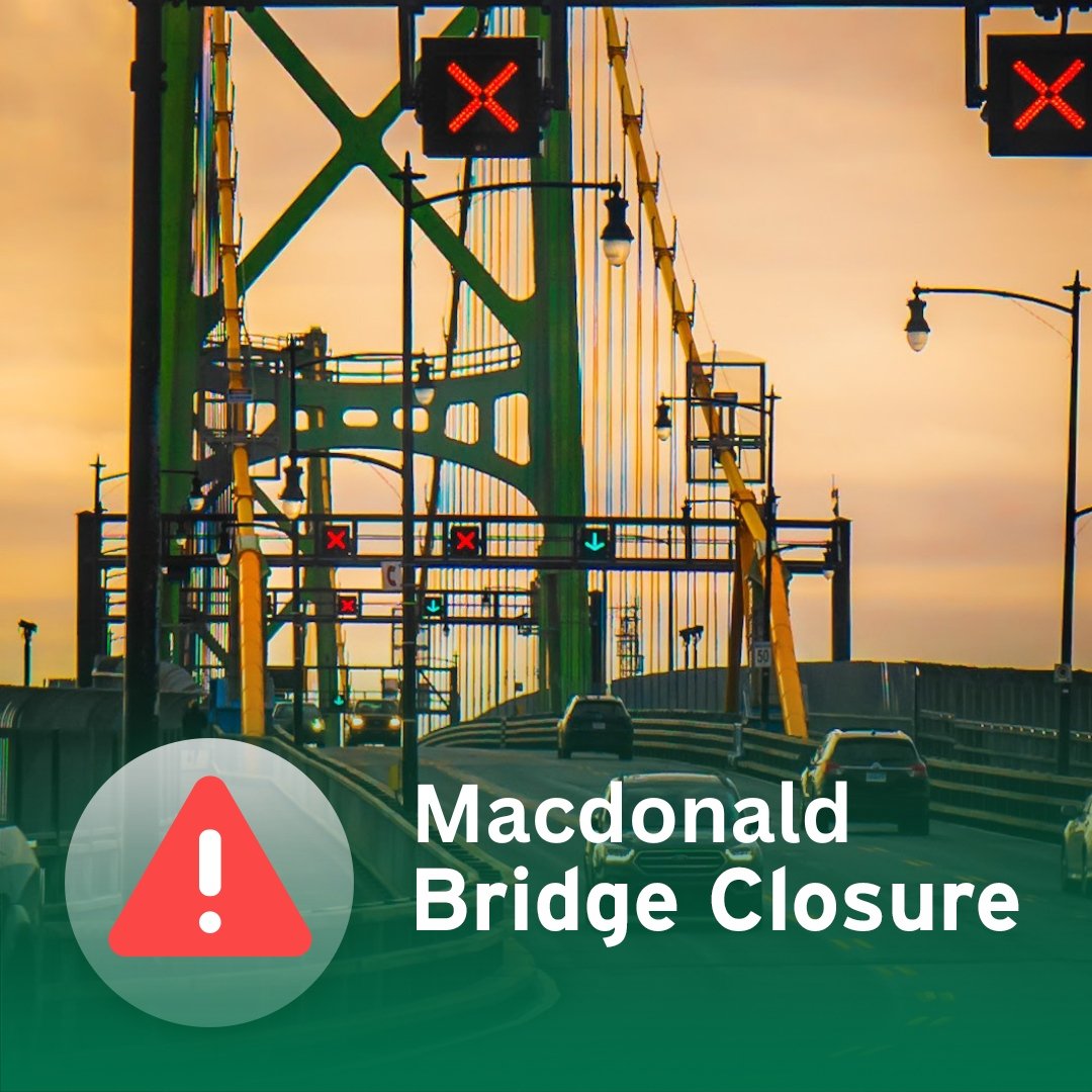 Via HHB

⚠️Heads up!⚠️ MacDonald Bridge closed June 16 to 19 for maintenance. 

Roadway - Fri 7pm - Mon 5:30am
Beginning Sat morning, alternating closures w cyclists and pedestrians sharing the lane that's open. Cyclists are asked to walk their bikes #hfxtraffic