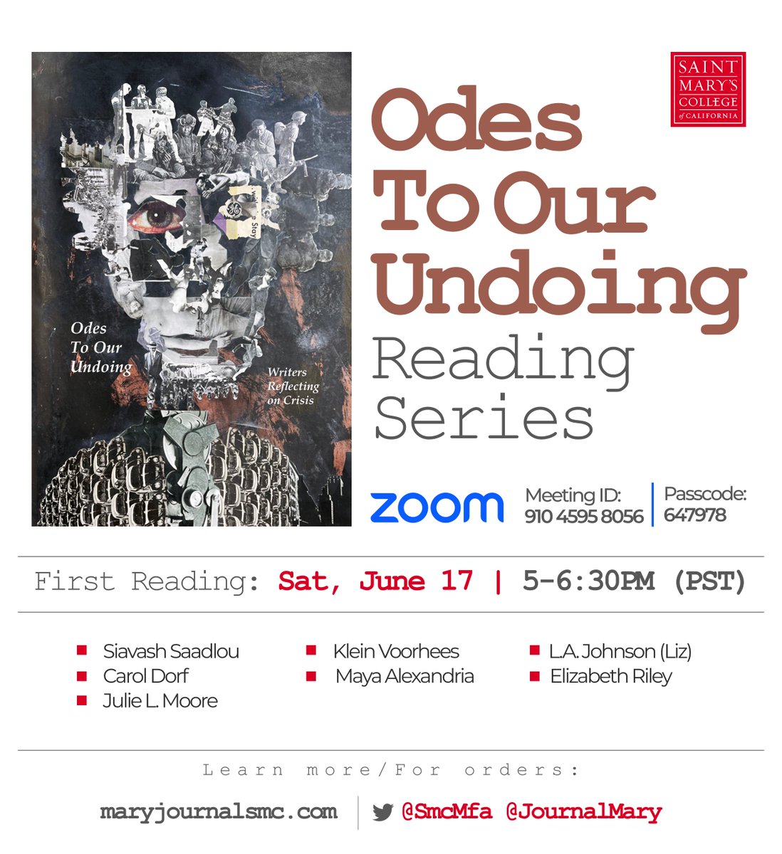 JournalMary's tweet image. We're excited to kick off the "Odes to Our Undoing" Reading Series tomorrow, Sat, June 17th! 
Join us in community and celebration from wherever you find yourself the next four Saturdays from 5–6:30 p.m. PST.   Zoom link to join: stmarys-ca.zoom.us/j/91045958056?……

@smcmfa 
@stmarysca