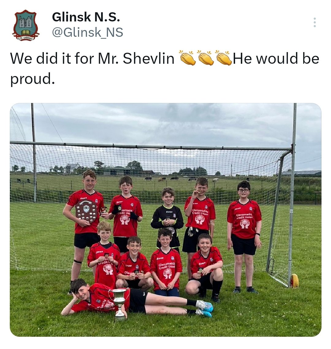Congratulations to Glinsk NS on winning today's Tom Lohan tournament 👏.We think especially of James shevlin .A poignant ending to a difficult week 🙏. 

We remember also the late Tommy Lohan and Noel Connelly who todays tournaments are in memory of. Two great Glinsk men. 🔴⚫️