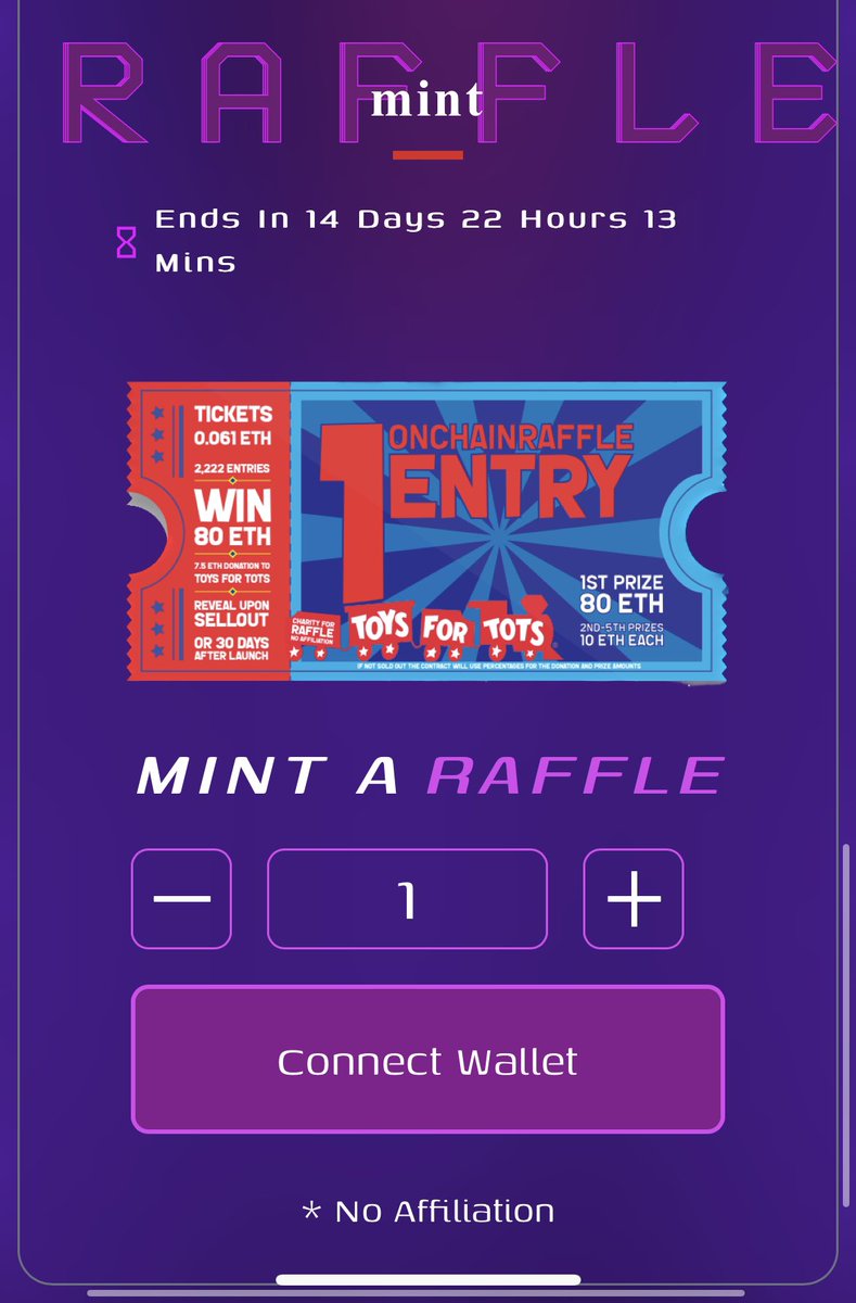 🎉 Join onchainraffle.io! Win big, win nada, but hey, charity gets love! Mint now, before the clock ticks! 0.061 ETH. 

We’ve all spent more on a a rug at least a charity gets some of this no matter what. ❤️🔥 And someone will win 59% of the collected eth. 👀

All onchain…