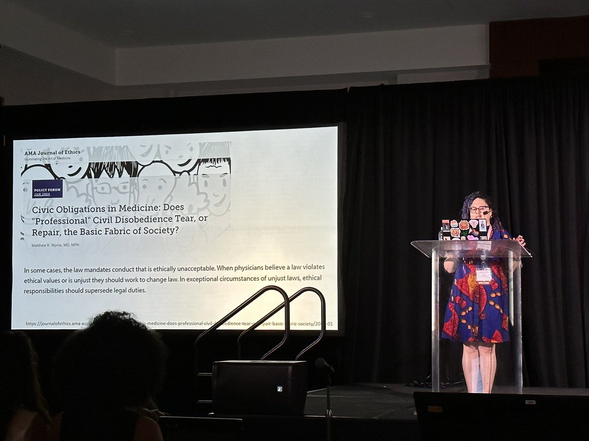 @DrKBrandi gives a rousing keynote on Following the Oath or the Law: Teaching Civil Disobedience in Medical Training, where she explains the duty of physicians to challenge unjust laws, citing @JournalofEthics for @AMSANational’s #fp4change convention