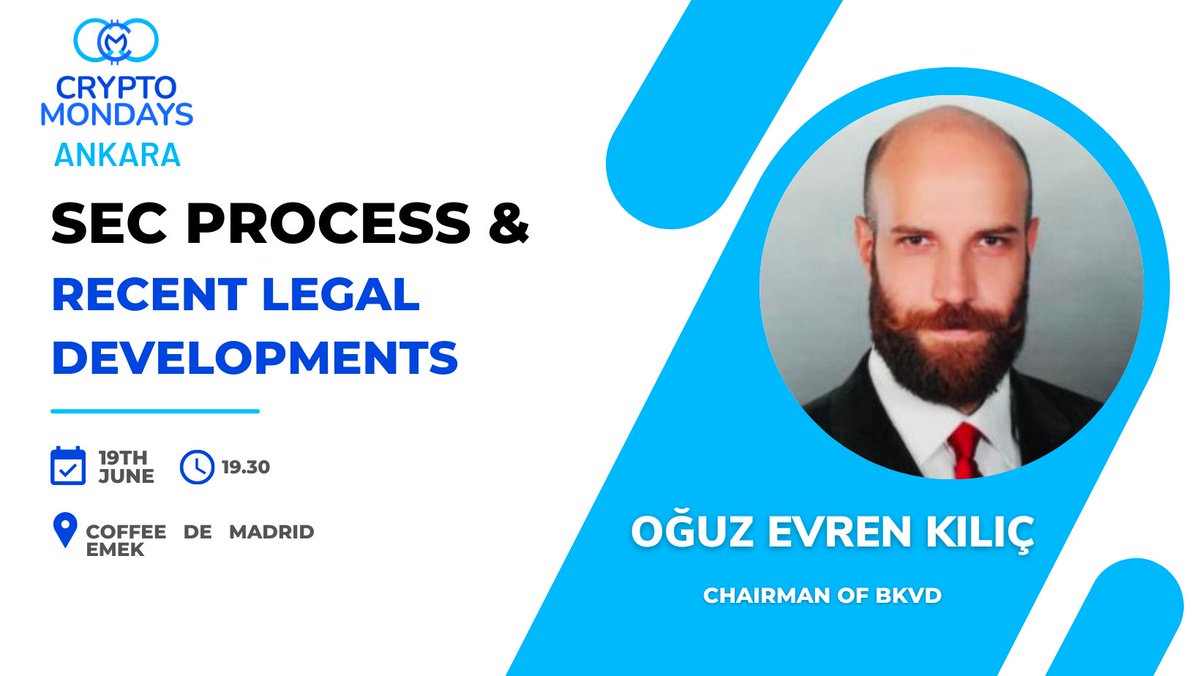 This Monday for CmAnkara, we are excited to continue our event with excited speaker <a href="/OguzEvrenKilic/">Av. Oğuz Evren Kılıç</a>  

We will be discussing "SEC Process and Recent Legal Developments" 

Don't miss out on this exciting event!
📆 Date: 19.06.2023
📍 Coffee De Madrid Emek 
goo.gl/maps/mEFFNRMGe…