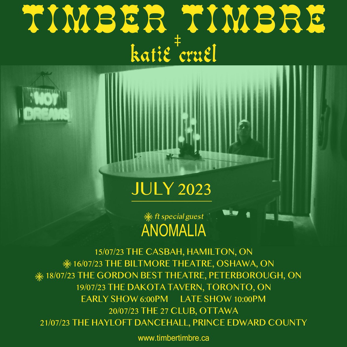 💠Get your paper calendars out, it's show time 💠 
KC will be joining TT in July. 
.
Get your tickets, these are very small venues. Let's get greazy.
.
#katiecruel #timbertimbre #ontario #wombcroon #hagrock #newmusic 
.
@timber_timbre_ @nicemarmotpr @eekprod