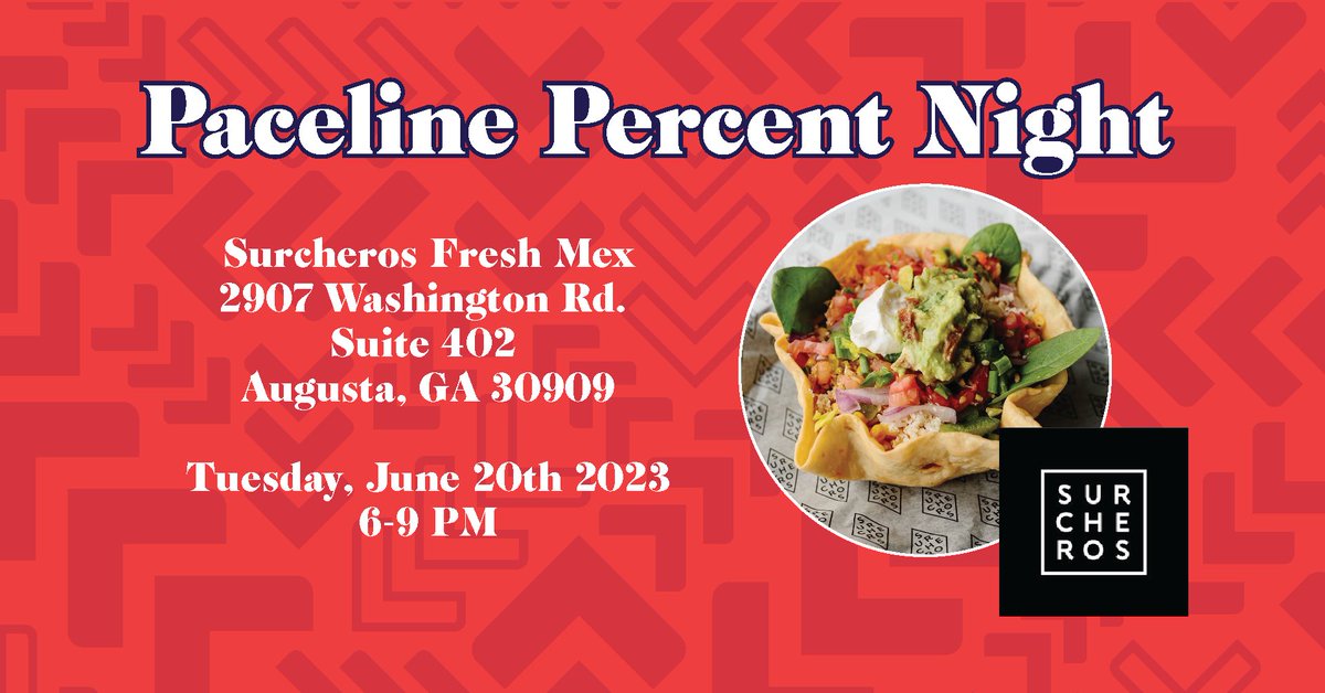 Join us for Taco Tuesday at Surcheros Fresh Mex on Washington Road! A percent of the proceeds from the evening will be donated to Paceline to support innovative cancer research. 🌯🥑 Join us for a bite to eat on Tuesday, June 20th, from 6-9 PM. #jointhepaceline #paceday2023