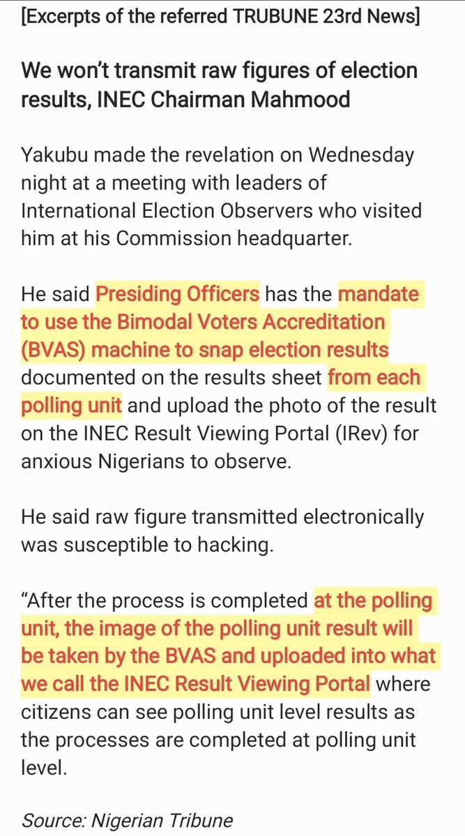 The BVAS is a remarkable System of Simplicity and Integrity! @inecnigeria own guidelines could have led us to greatness, but alas! Countless resources invested, only to be dismissed by Mahmood 😱 Let's reflect on the lost potential of these valuable machines. #2023elections #BVAS…