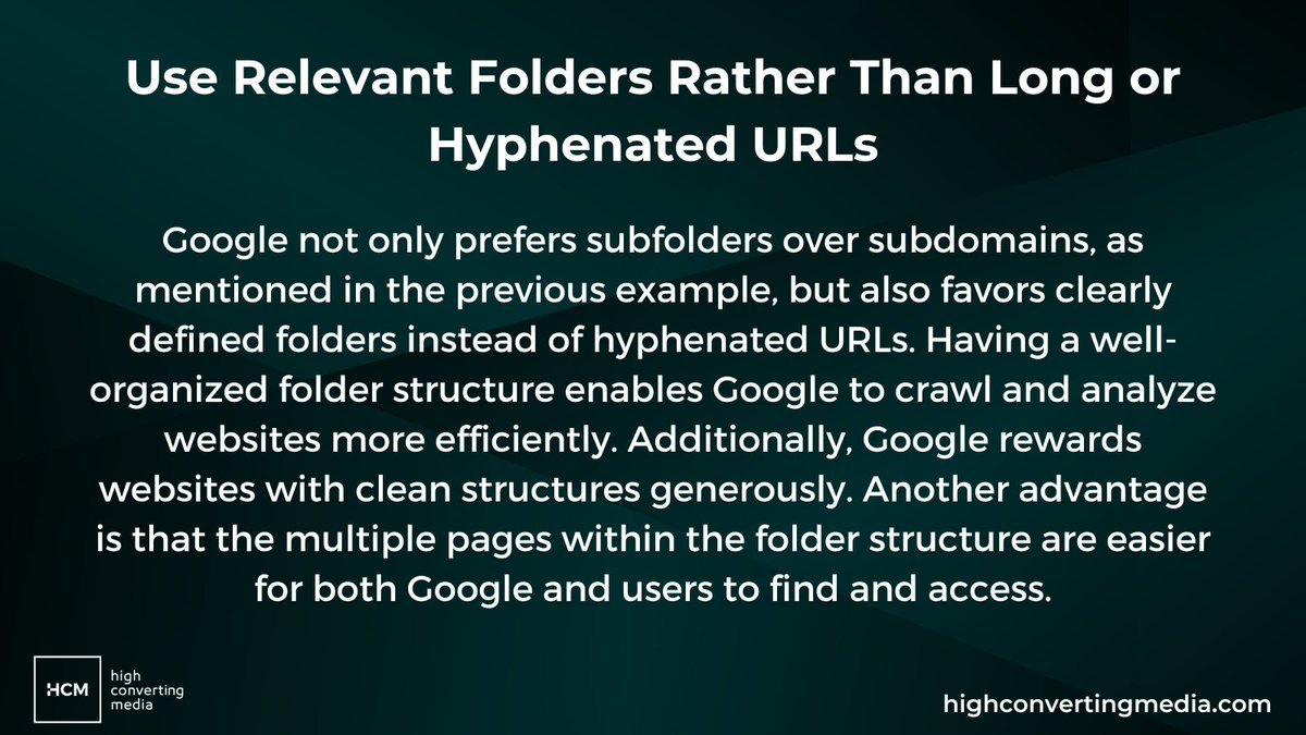 Use Relevant Folders Rather Than Long or Hyphenated URLs #SubfoldersOverSubdomains #OrganizedFolderStructure #SEOAdvantage #GoogleRewards #ImprovedWebsiteAccessibility #lawfirmseo #AttorneySEO #LawyerMarketing #LegalMarketing  #LegalSEO