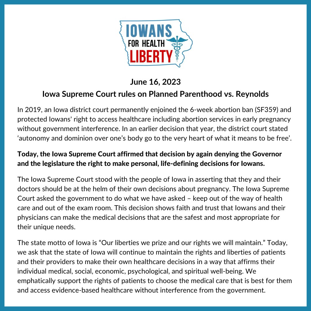 As the Iowa Supreme Court reaffirms Iowans' right to make healthcare decisions about their own bodies, we must recognize that the battle to protect our autonomy and health liberties is far from over.

Today, we announce the launch of Iowans for Health Liberty, (1/2).
