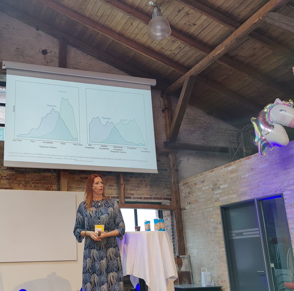 What!?
Two studies of the quality and empathy levels of interactions between patients. Blue is human physicians, green is ChatGPT. It blows humans out of the water...
- Empathy and Coding @ #codegarden by Mette Balslev Lorenzen
