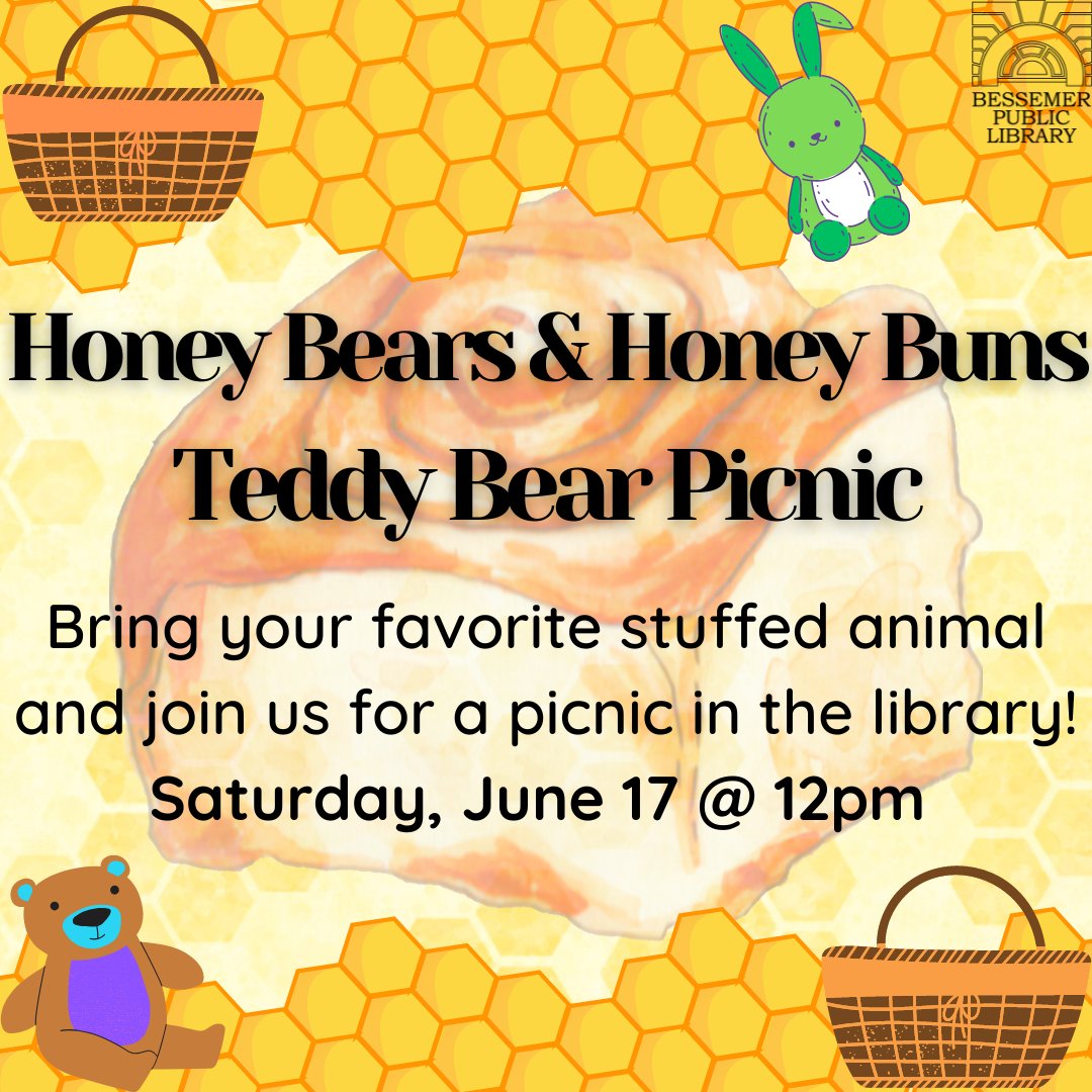 Don't forget to join our picnic this Saturday! Stuffed friends of all kinds are welcome, so be sure to invite them along too!
Hope to see you there!
#besslibrary #bessemer #picnic #stuffedanimals #indoorpicinic #libraryfun #youth