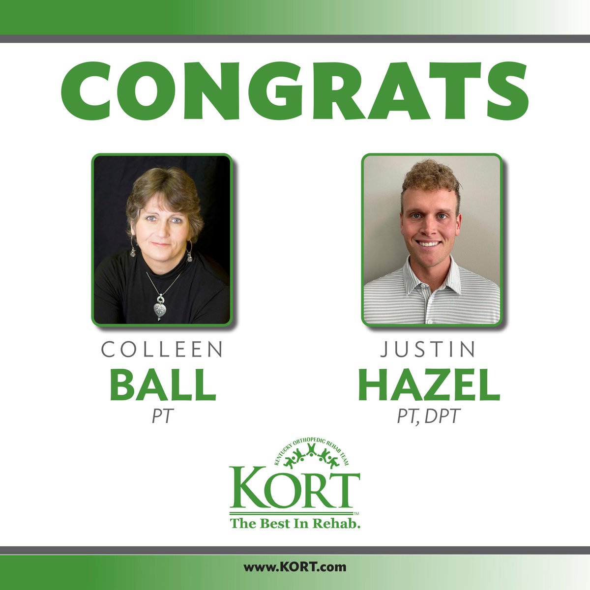 Thank you to Colleen Ball who helped open KORT Campbellsville! She has changed roles to travel throughout KORT to help clinics in need. We thank her for her leadership &amp; commitment to KORT! We introduce Justin Hazel as the new team leader at KORT Campbellsville! Congrats to both!